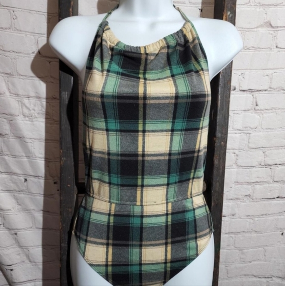 Green Plaid Bodysuit Small Emory‎ Park A99